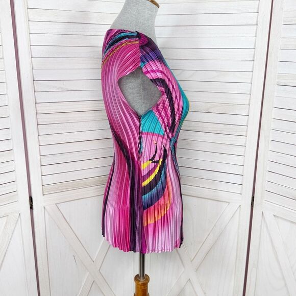 Vintage Y2K Milano Printed Accordion Pleat Stretchy V Neck Blouse Pink Medium‎ - Picture 3 of 12
